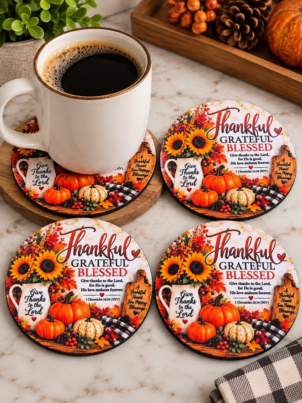 Handcrafted Thankful Grateful Blessed Fall Coaster Set 4- Autumn Orange - NWT